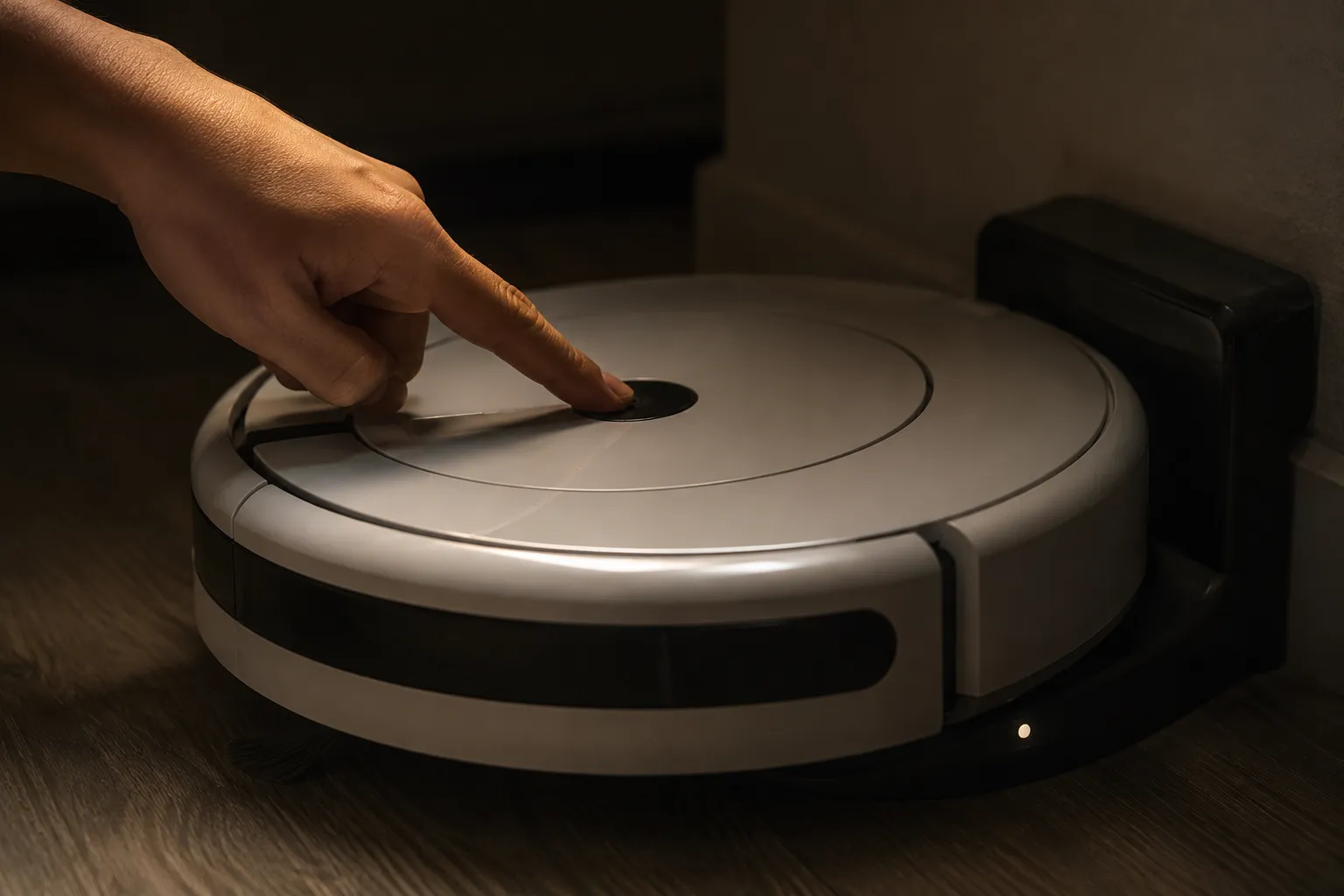 Finger holding a Roomba top button while the robot remains dark on its charging dock, illustrating a failed reboot or stuck software update