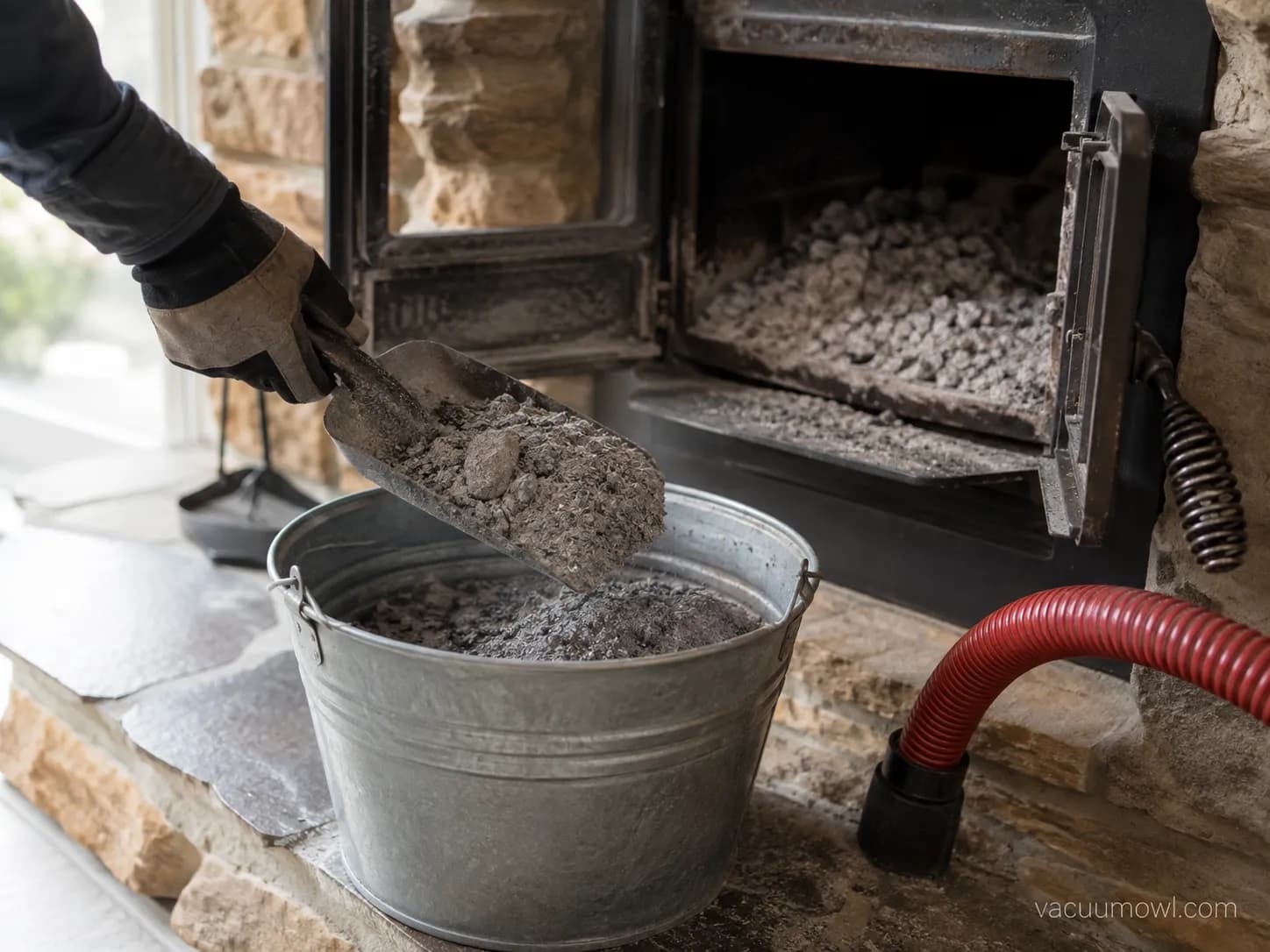 Gloved hand scooping cold ash into a metal bucket before vacuuming with a shop vac.