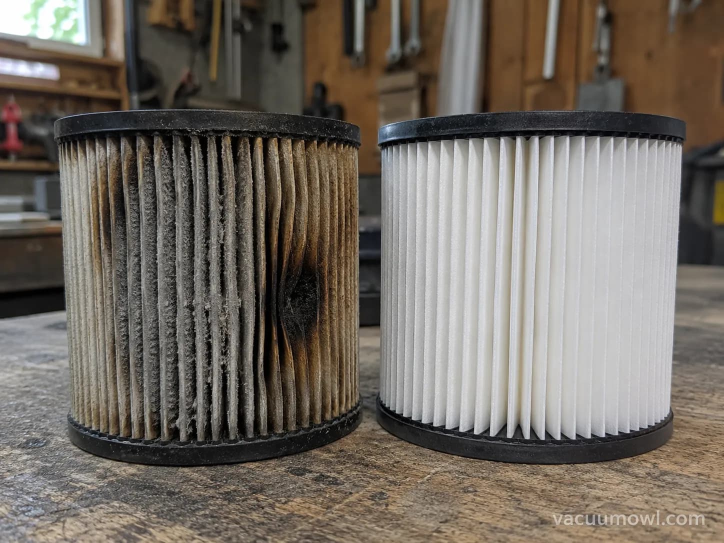 Scorched, clogged shop vac paper filter beside a clean filter after vacuuming warm ash.