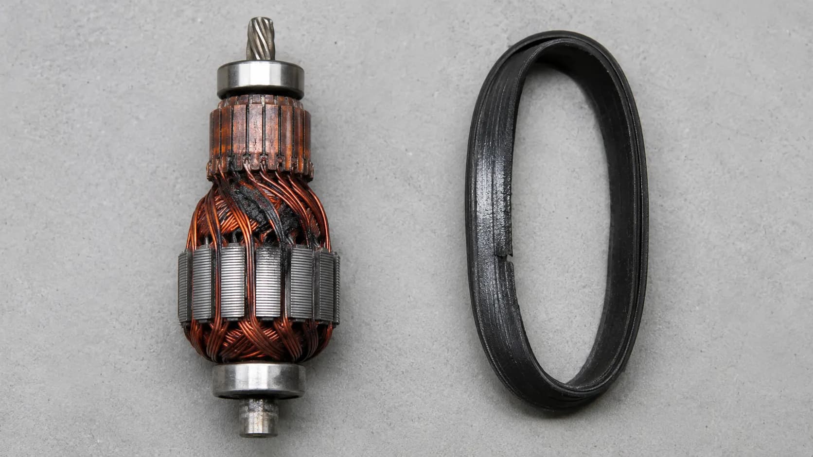 Scorched vacuum motor winding beside a glazed and cracked drive belt on a workbench, showing common signs of motor and belt wear.