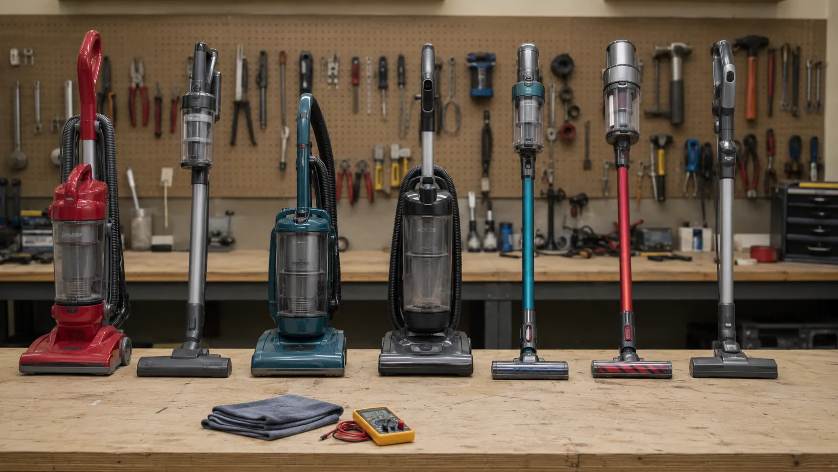 Seven upright and cordless vacuum cleaners lined up on a workshop bench with a folded cloth and digital multimeter.