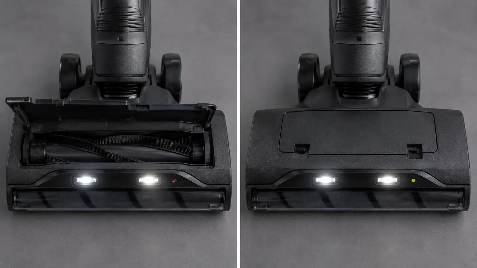 Side-by-side close-up of a Shark-style vacuum floor head showing the brush-roll door open with flashing headlights on one side and fully seated with solid headlights on the other.