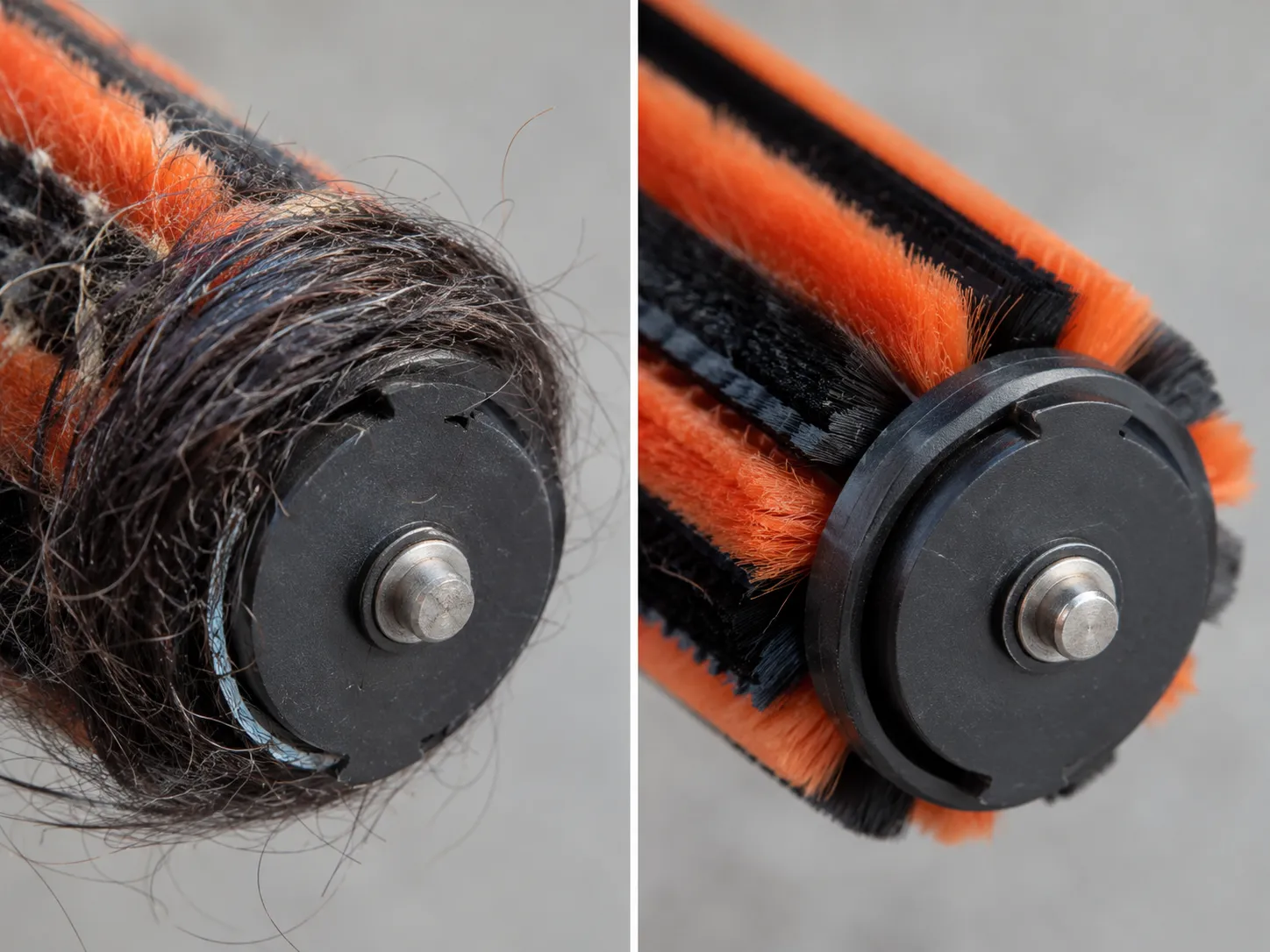 Before-and-after macro comparison of a Shark-style DuoClean brush roll end cap tightly wrapped with hair and thread, then cleaned and clear.