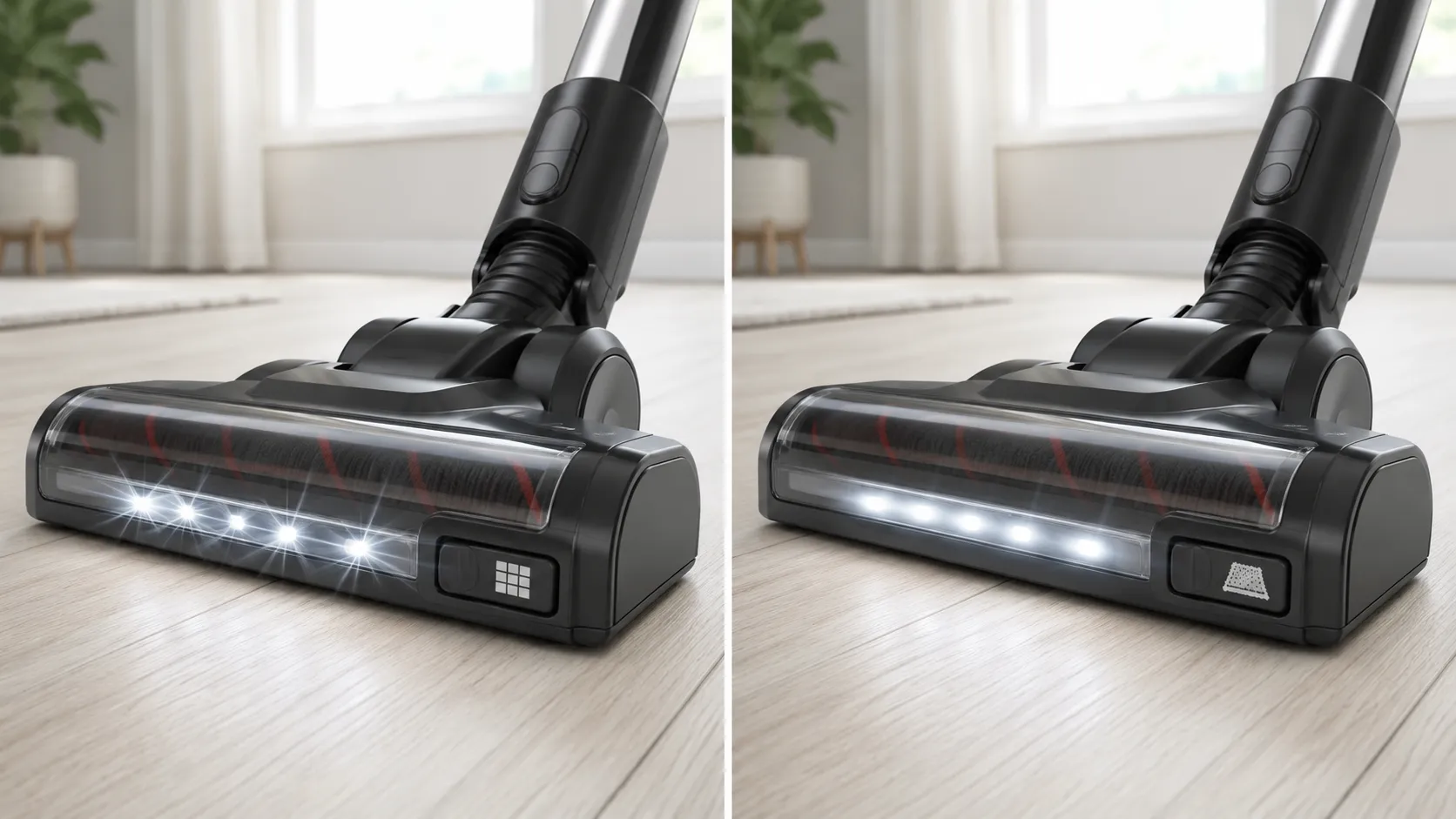 Side-by-side view of a Shark-style DuoClean vacuum head showing headlights flashing in hard-floor mode and glowing steady after switching to carpet mode.