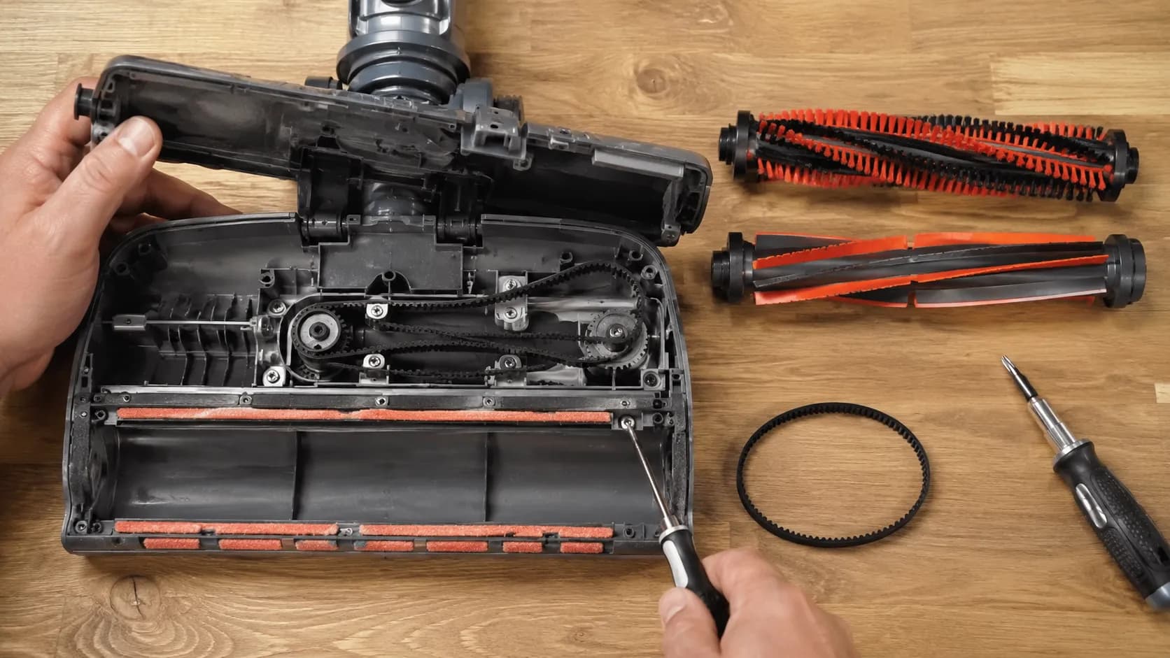 Overhead view of an opened Shark-style DuoClean floor nozzle on a workbench with brushrolls, Torx driver and replacement belt, illustrating a twin belt replacement video guide.