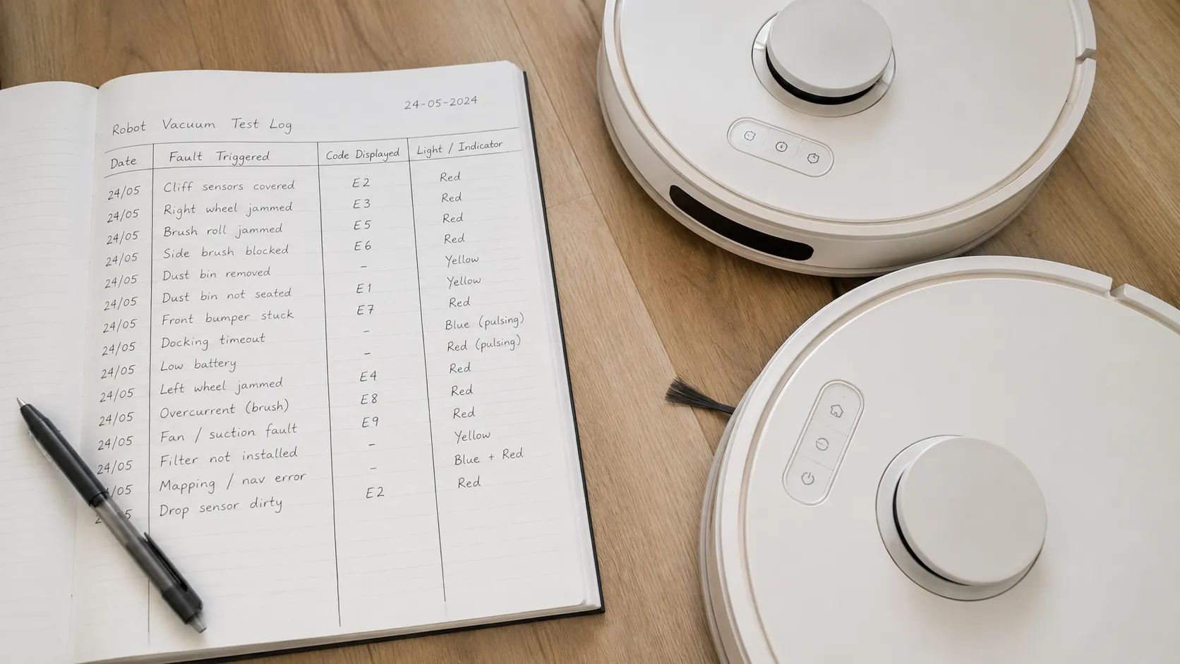 Handwritten robot vacuum test log showing fault descriptions, error codes and indicator lights beside two white Shark-style robot vacuums on a wood floor.