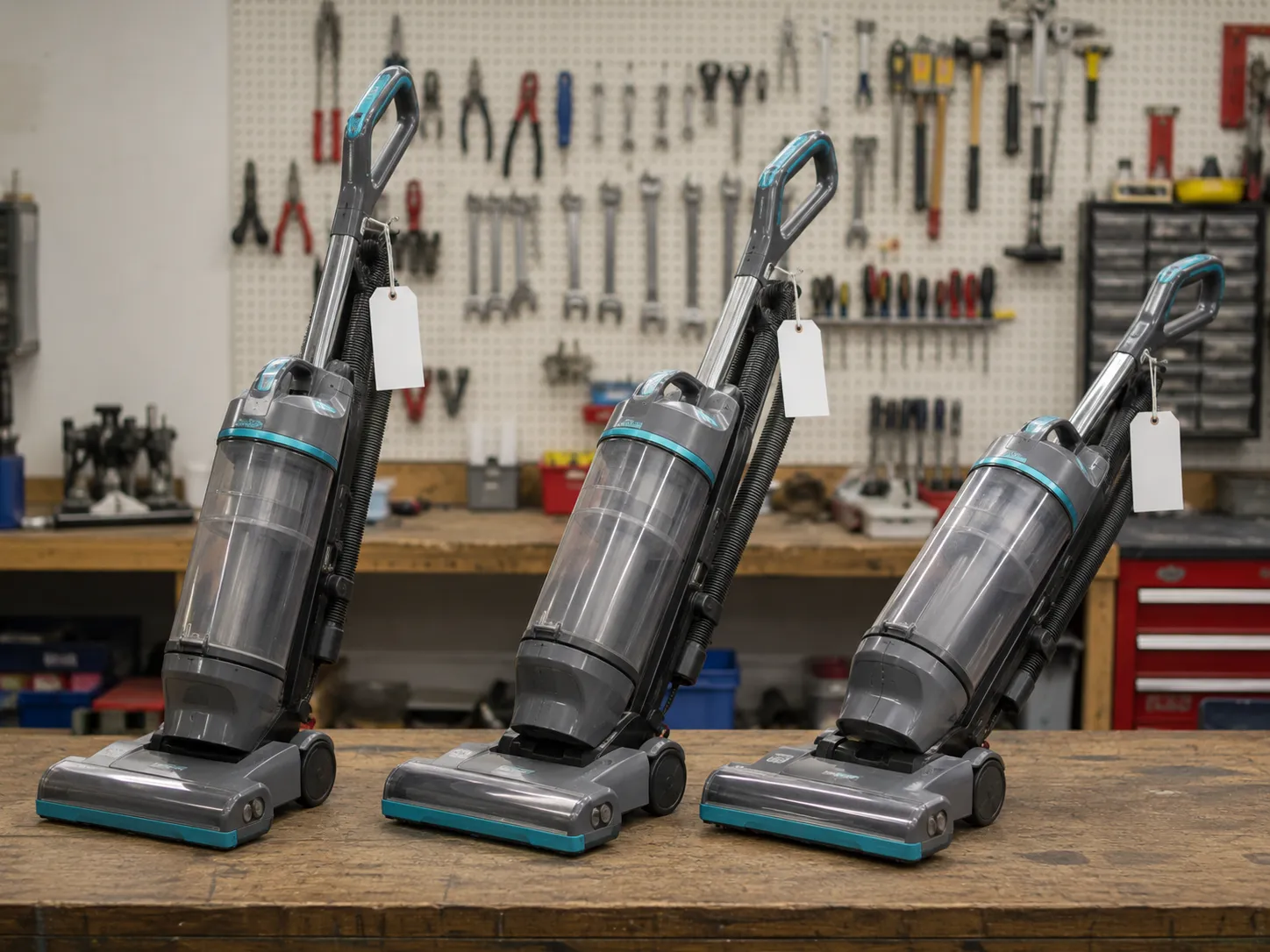 Three grey Shark-style upright vacuums tilted at different angles on a workshop bench with blank repair tags, illustrating a vacuum tilt-angle testing setup.