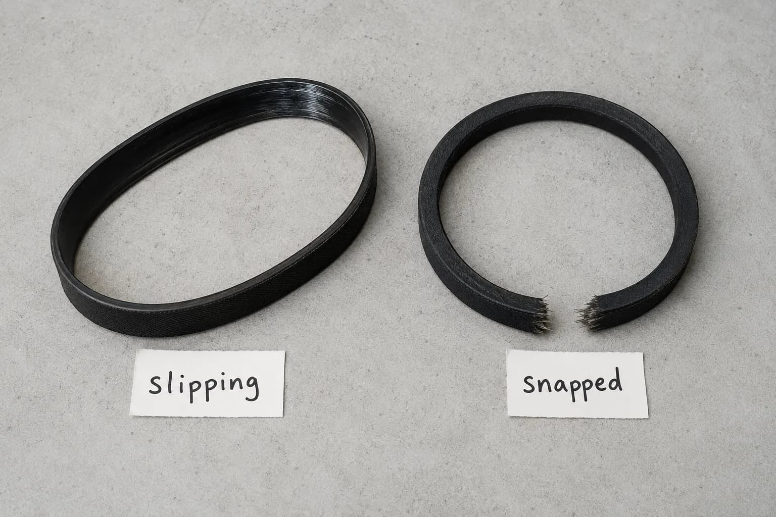 Two black Shark-style vacuum drive belts on a grey bench, one stretched and glazed labeled slipping and one broken with frayed ends labeled snapped.