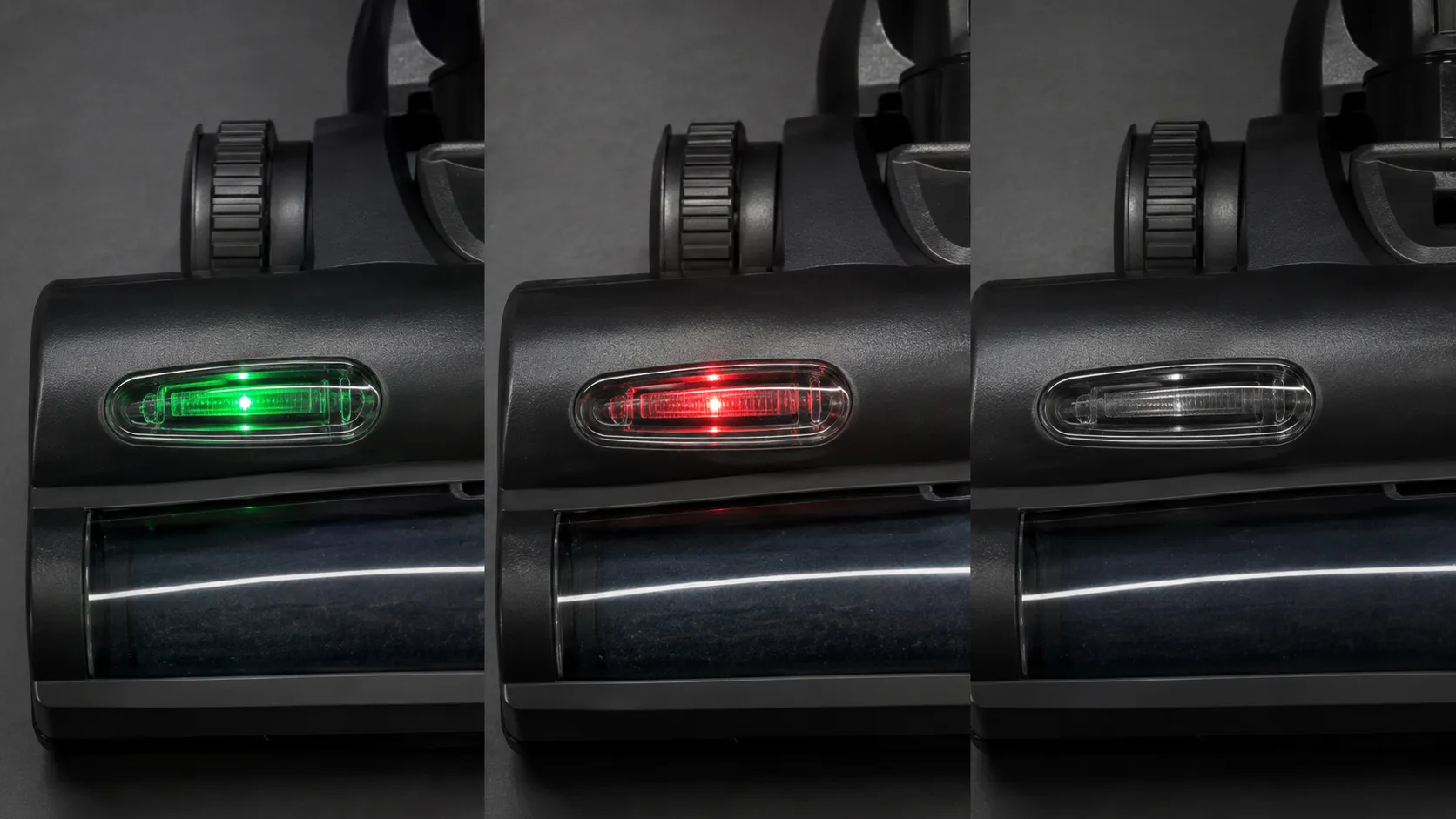 Three-panel macro comparison of the same Shark-style vacuum floor head indicator showing green, red, and unlit status lights.