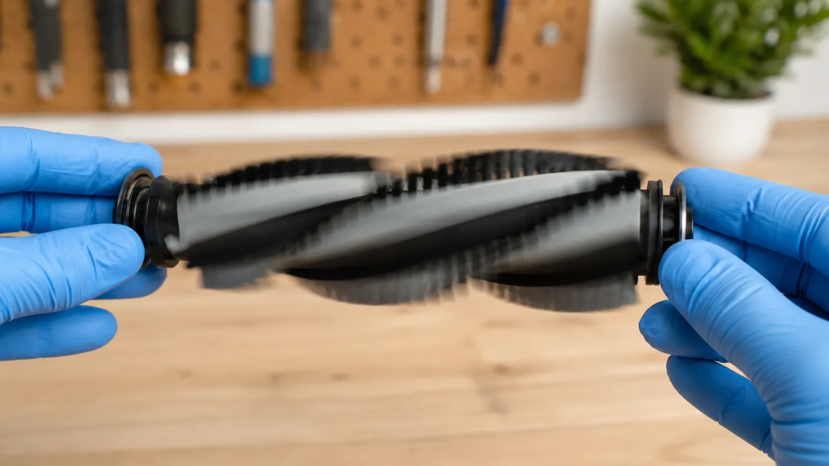 Gloved hands spinning a removed Shark-style vacuum brush roll over a workbench to test whether the roller moves freely or is seized.