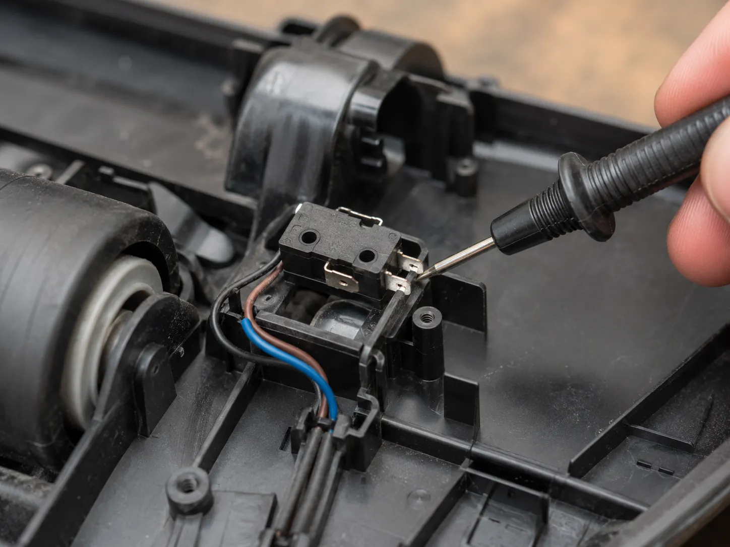 Multimeter probe touching the contacts of a small micro-switch inside an opened Shark-style vacuum floor head during a continuity test.