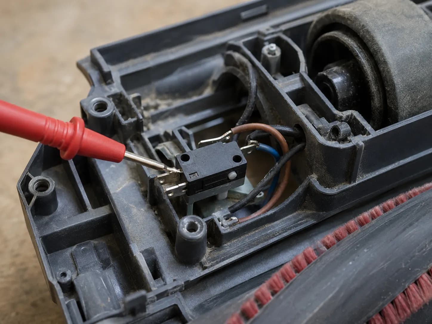 Multimeter probe testing the contacts of a small micro-switch inside an opened Shark-style vacuum floor head during brush roll troubleshooting.