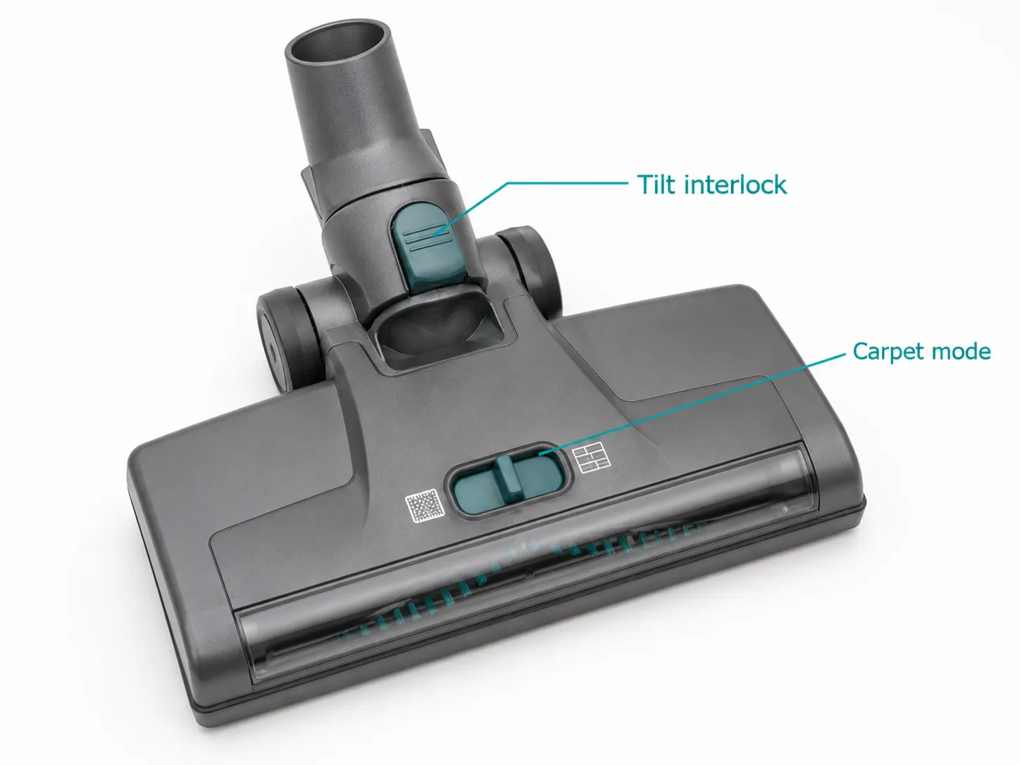 Shark-style vacuum floor nozzle with labels pointing to the tilt interlock and carpet mode selector for brush roll troubleshooting.