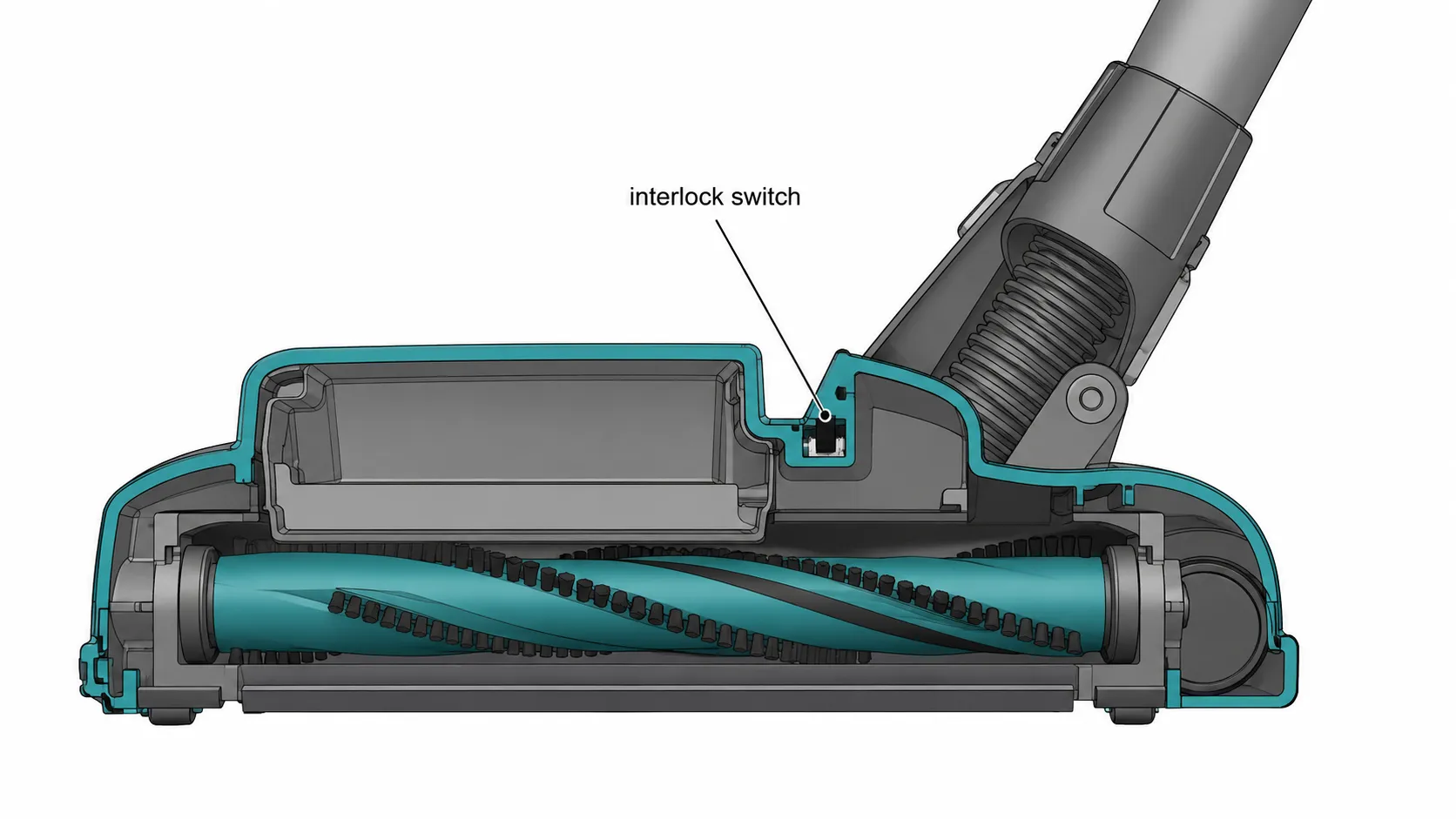 Labeled cutaway diagram of a Shark-style vacuum floorhead showing the interlock switch inside the base where the pod seats into place.