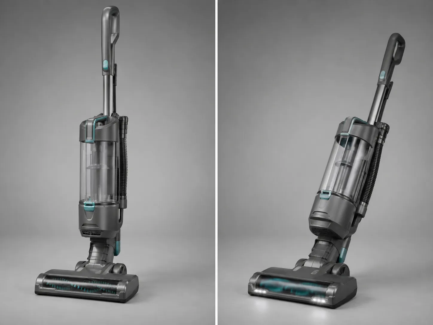 Two-panel comparison of a Shark-style upright vacuum with the handle upright and brush off, then tilted back with the brush roll engaged.