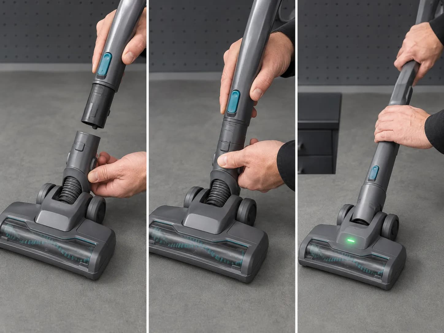 Technician hands detaching and reattaching a Shark-style vacuum wand, then tilting the handle back as the floor head indicator light turns green during a swap test.