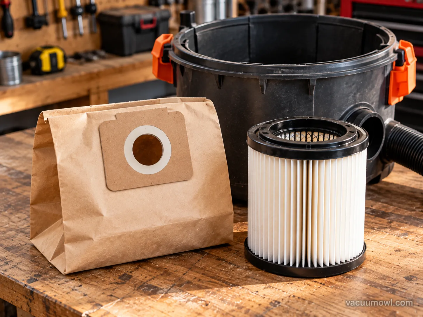 A shop vac bag and cartridge filter beside an open tank on a workbench.