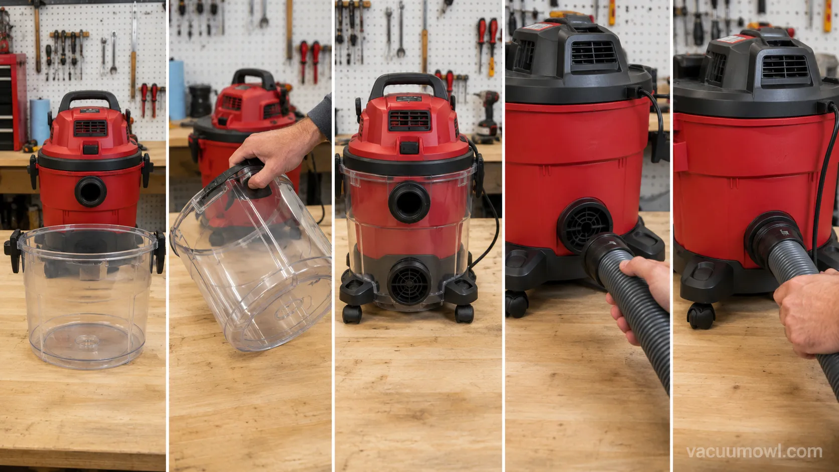 steps to switch a shop vac to blower mode with an emptied bin and seated hose