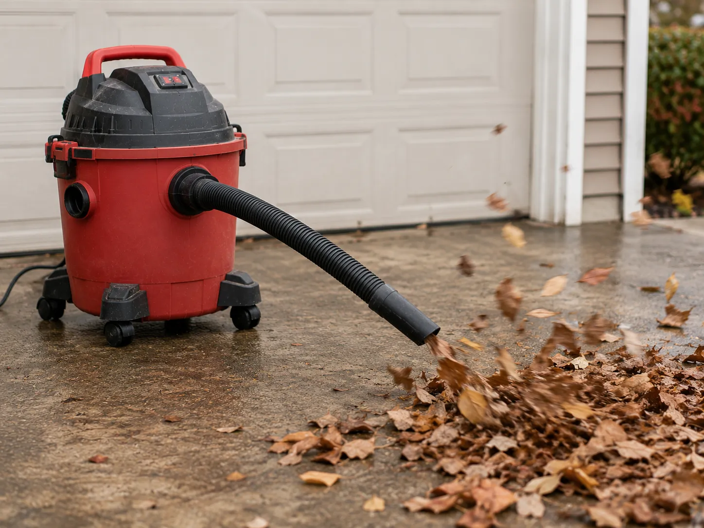 Shop vac in blower mode with the hose on the exhaust port moving leaves.