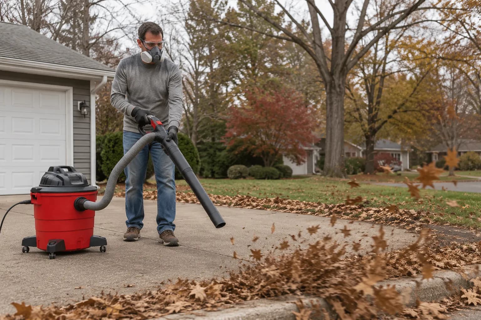 person in a respirator using a shop vac blower to clear leaves outdoors