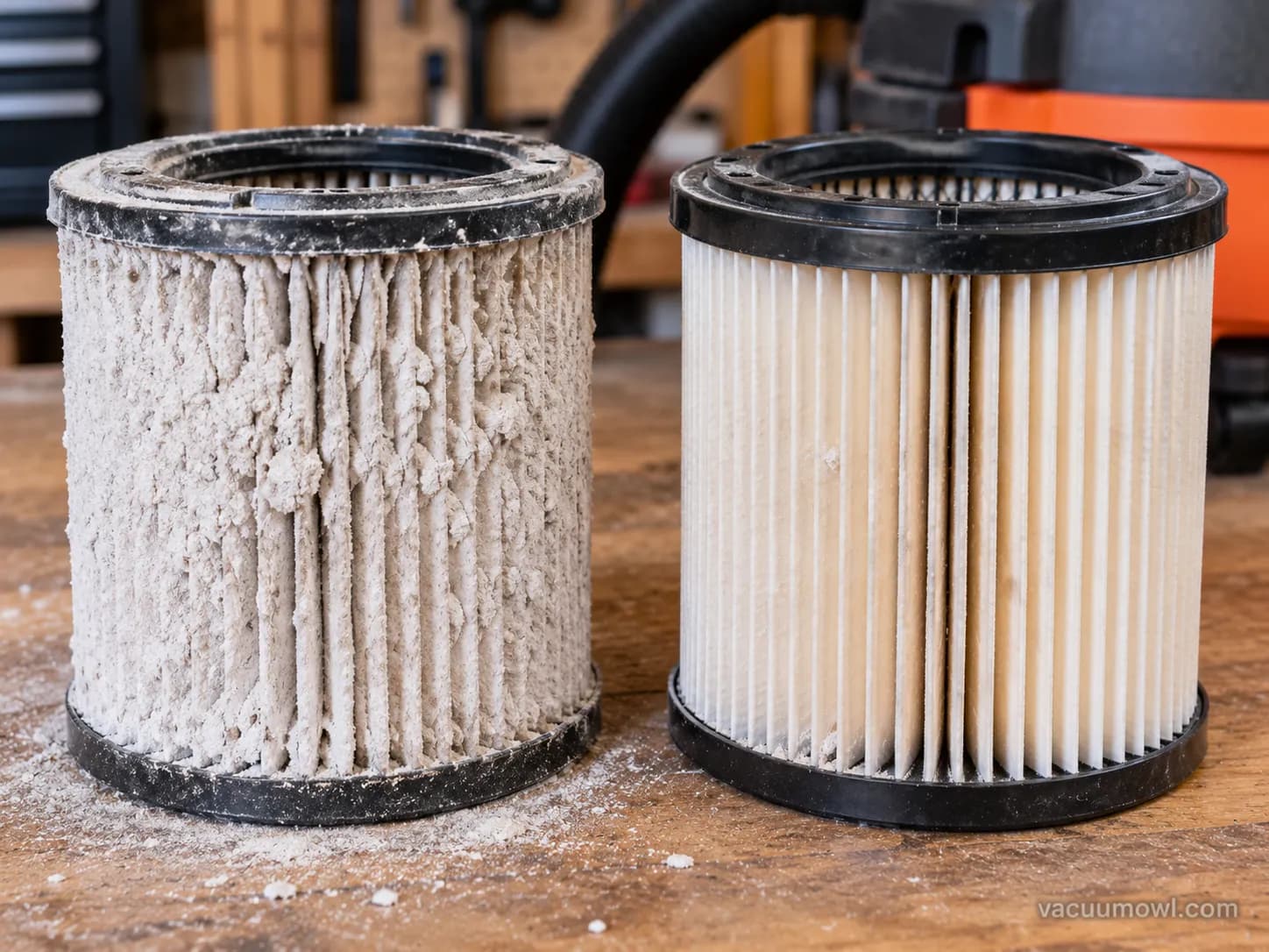 A shop vac cartridge caked with drywall dust after one bare session beside a cleaner cartridge used with a bag.