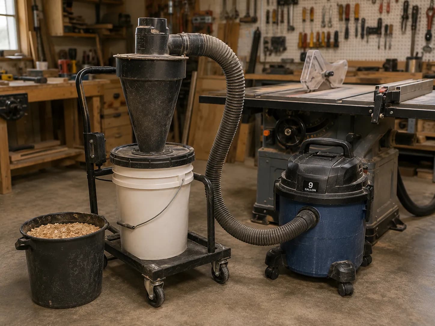 9 gallon shop vac paired with a cyclone separator on a rolling cart