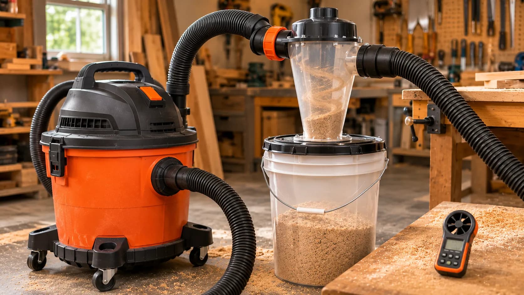 Shop vac connected to a cyclone separator for dust collection