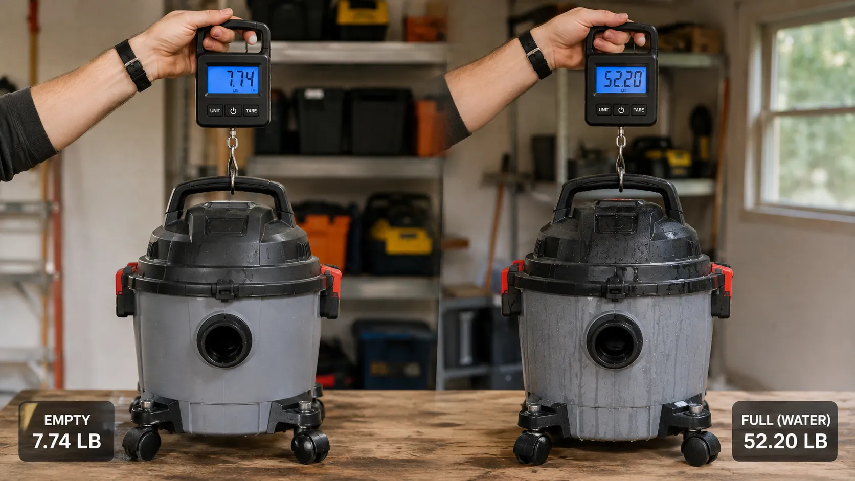 Luggage scale weighing a shop vac to compare empty weight against a tank full of water.