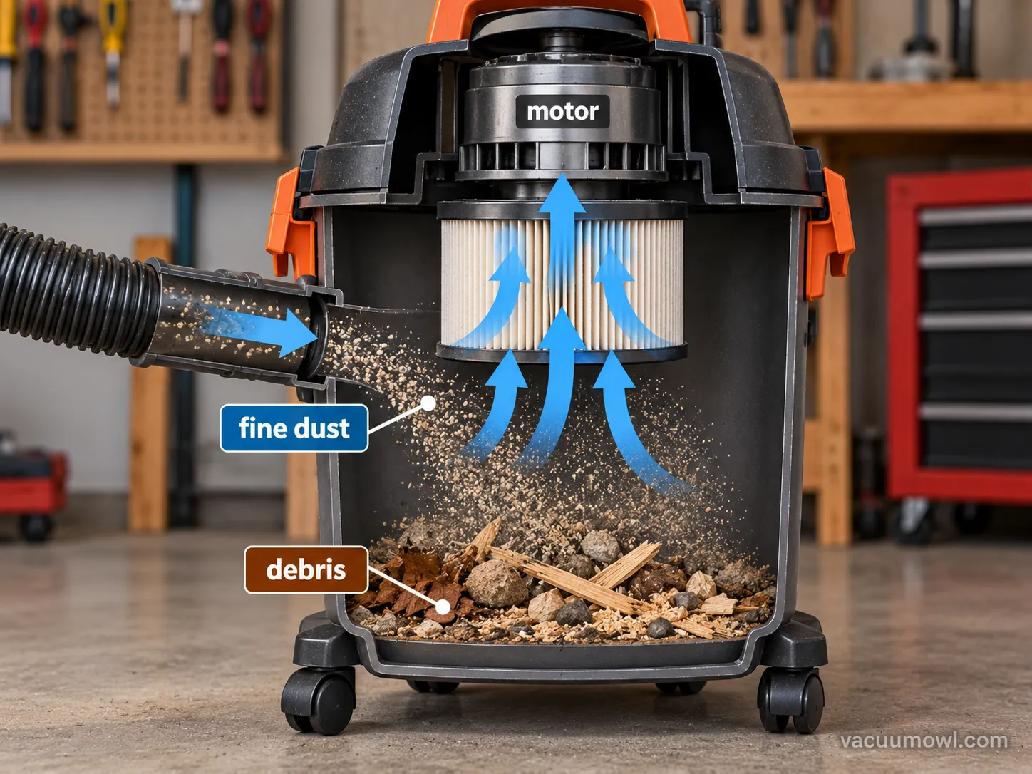 Diagram showing fine dust reaching a shop vac motor while debris stays in the tank.