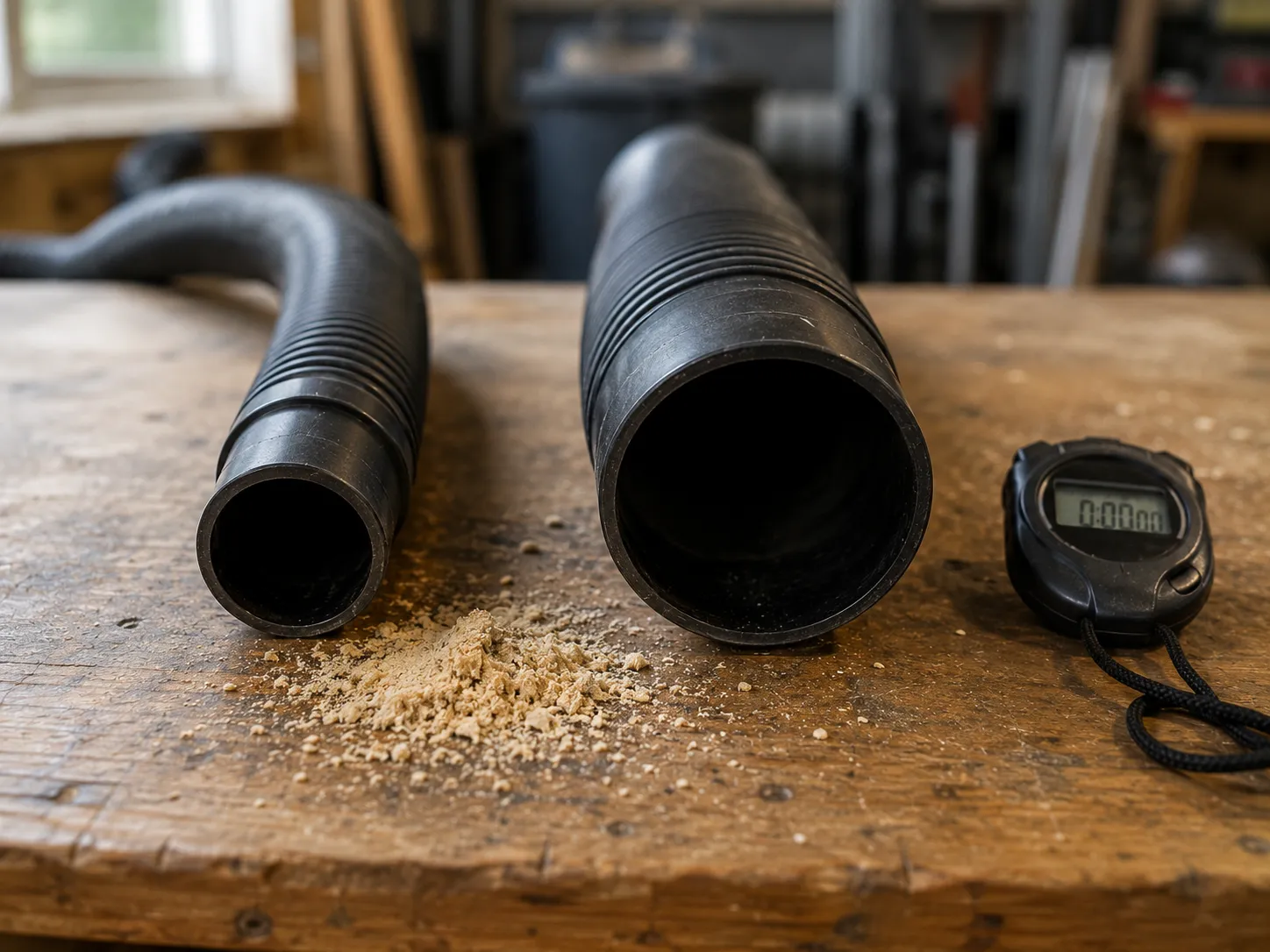 1.25 inch and 2.5 inch shop vac hoses side by side showing diameter difference