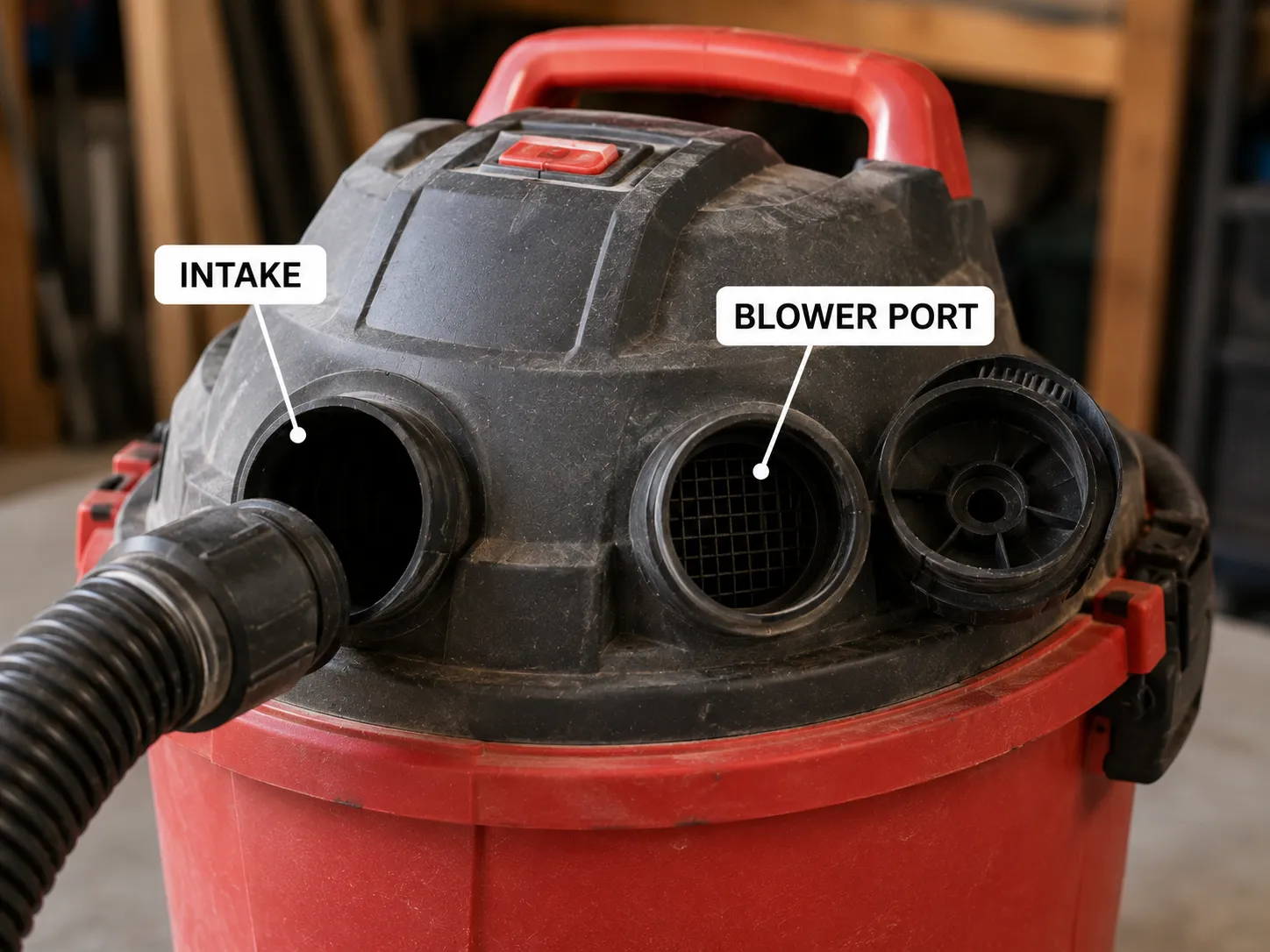 Shop vac intake hole and blower port labelled with the blower cap removed.