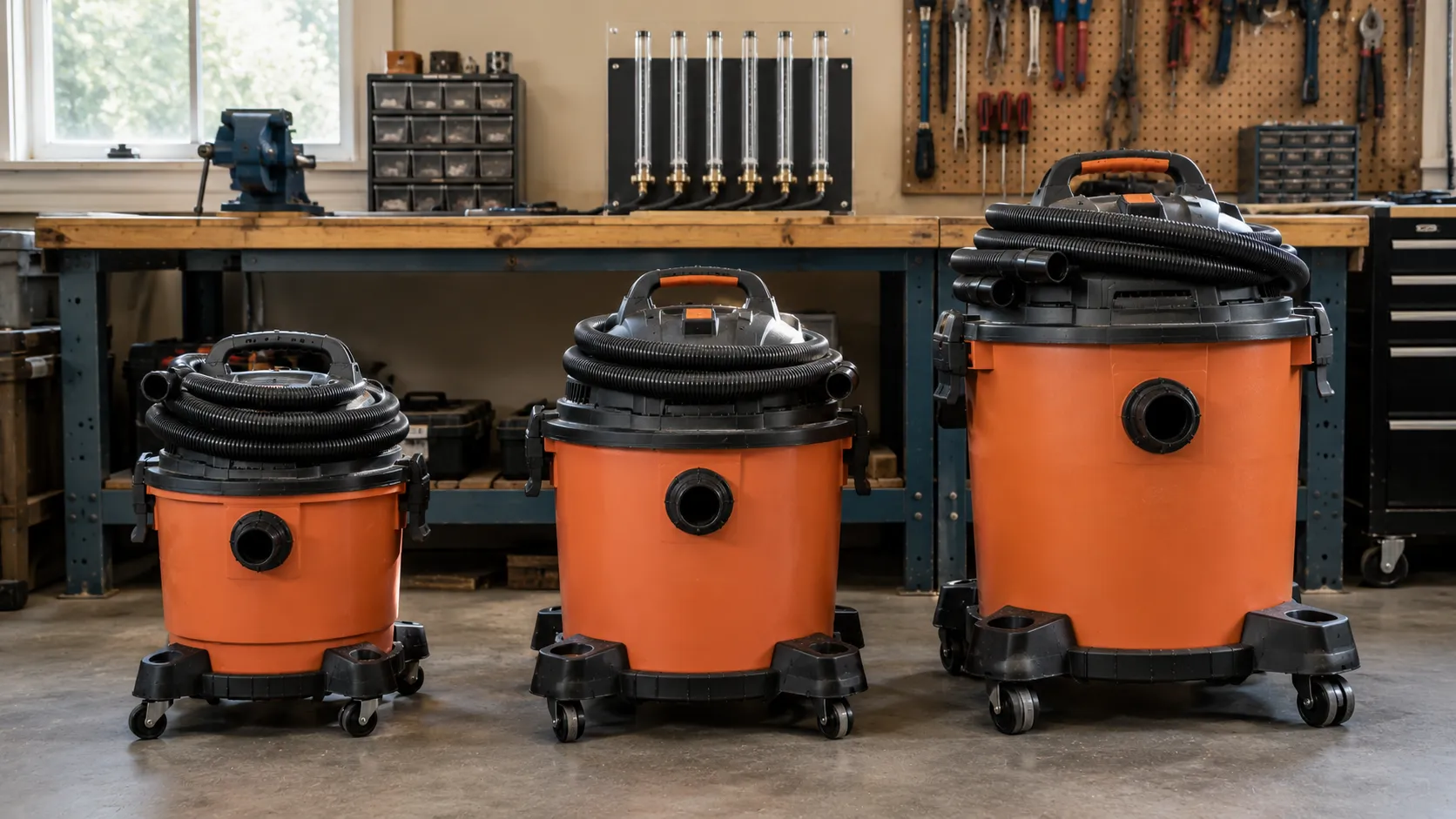 Three shop vac models lined up by tank size on a workshop floor