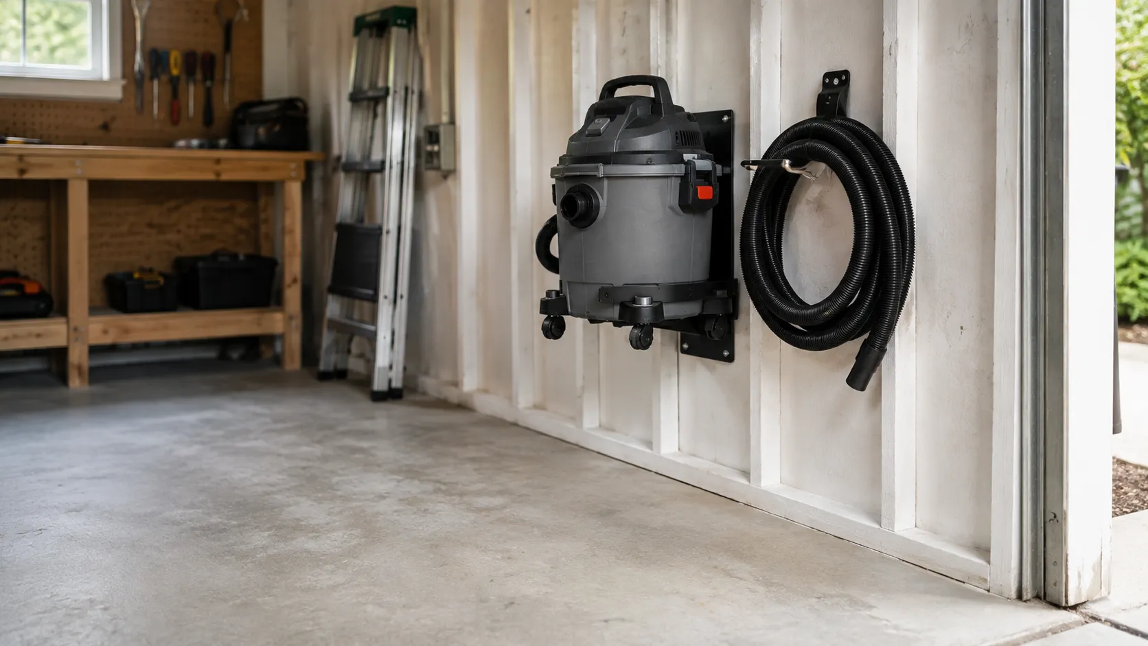 Wall-mounted 5-gallon shop vac holding position on a garage stud wall with the floor swept clear.
