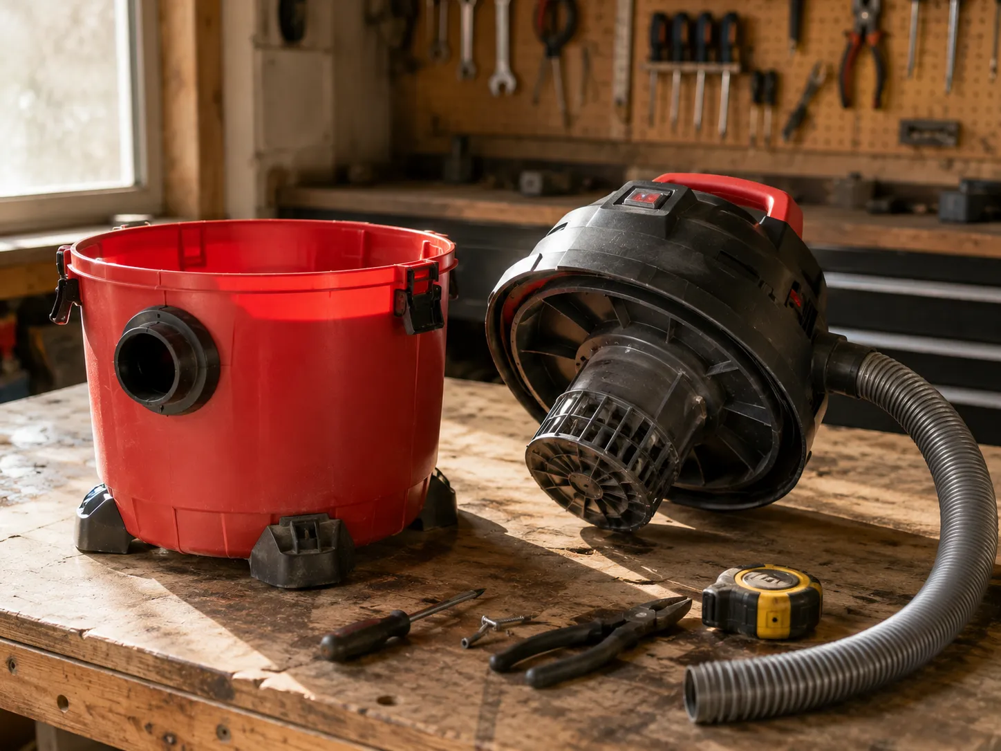 Shop vac opened on a workbench showing the motor head, impeller housing and tank.