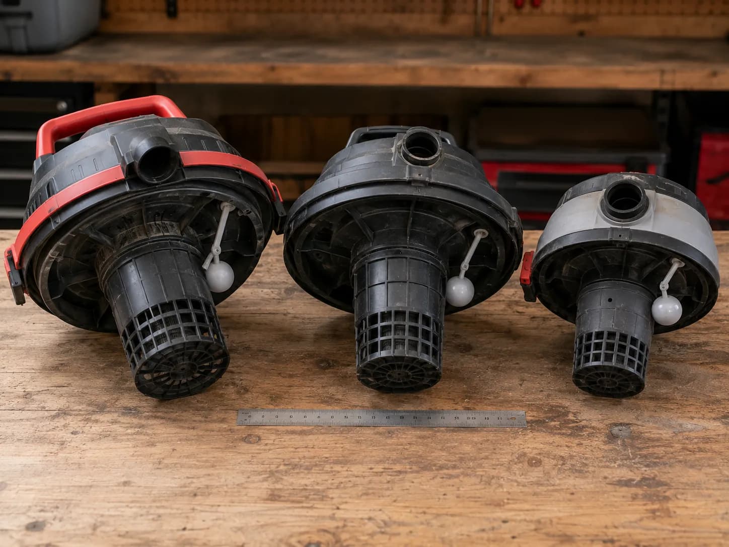 Three shop vac power heads compared showing the float valve and filter cage.
