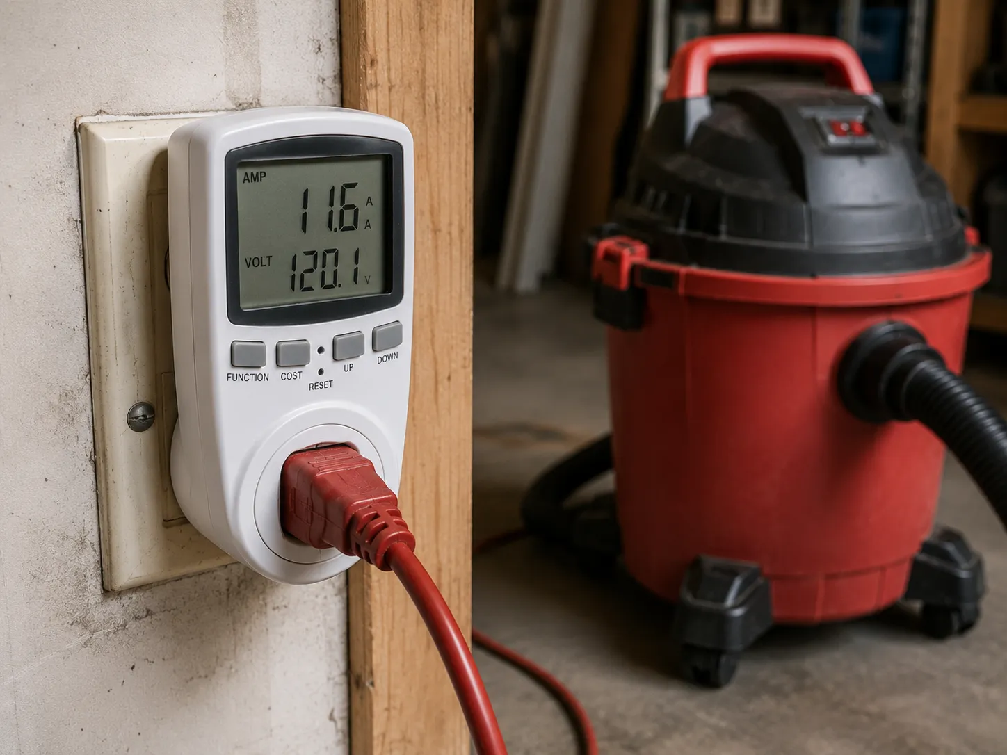 Power meter showing a shop vac drawing under twelve amps at the wall.