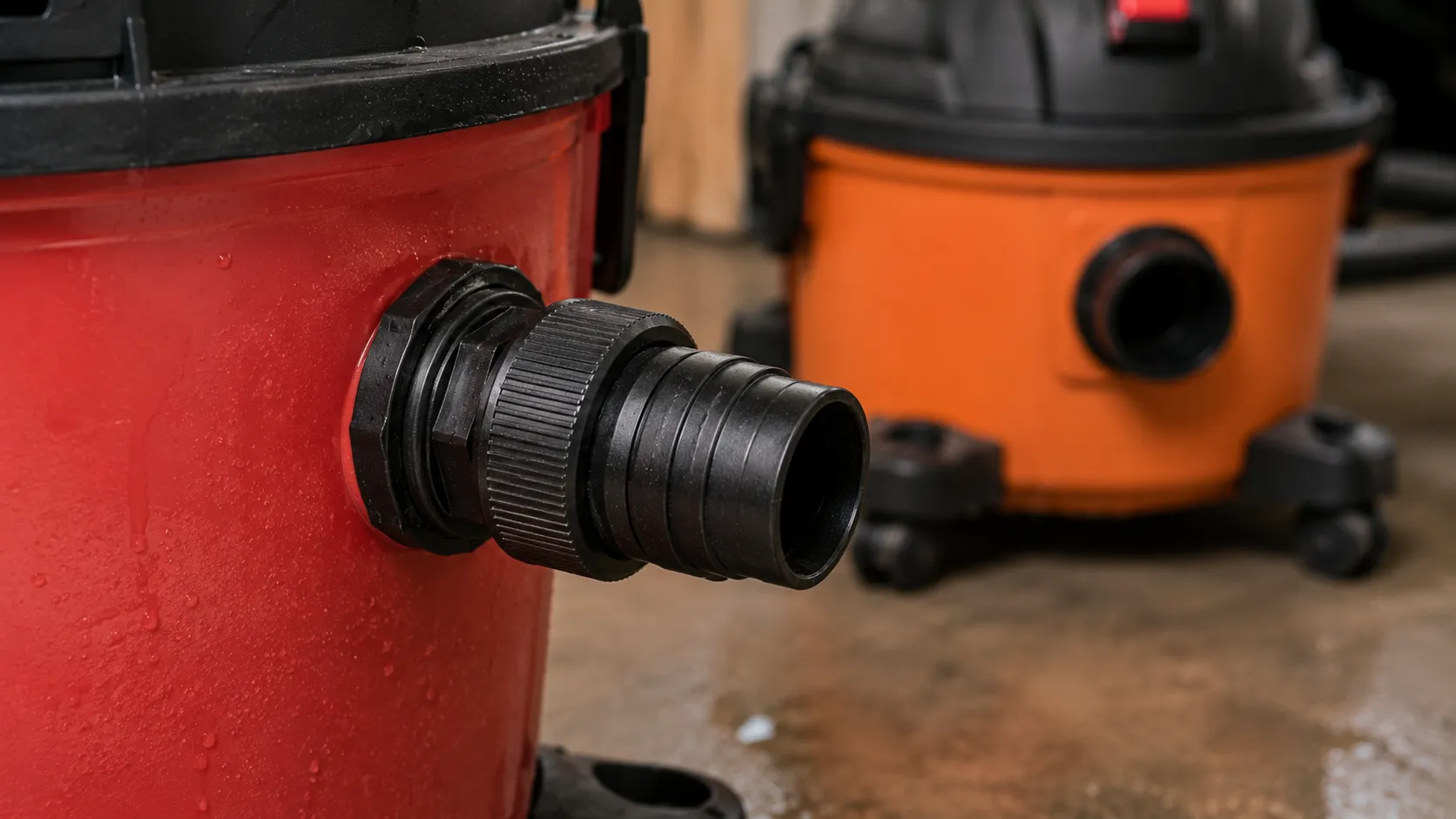 Pump accessory adapter seated on a wet/dry vac drain port with a second vac blurred behind.