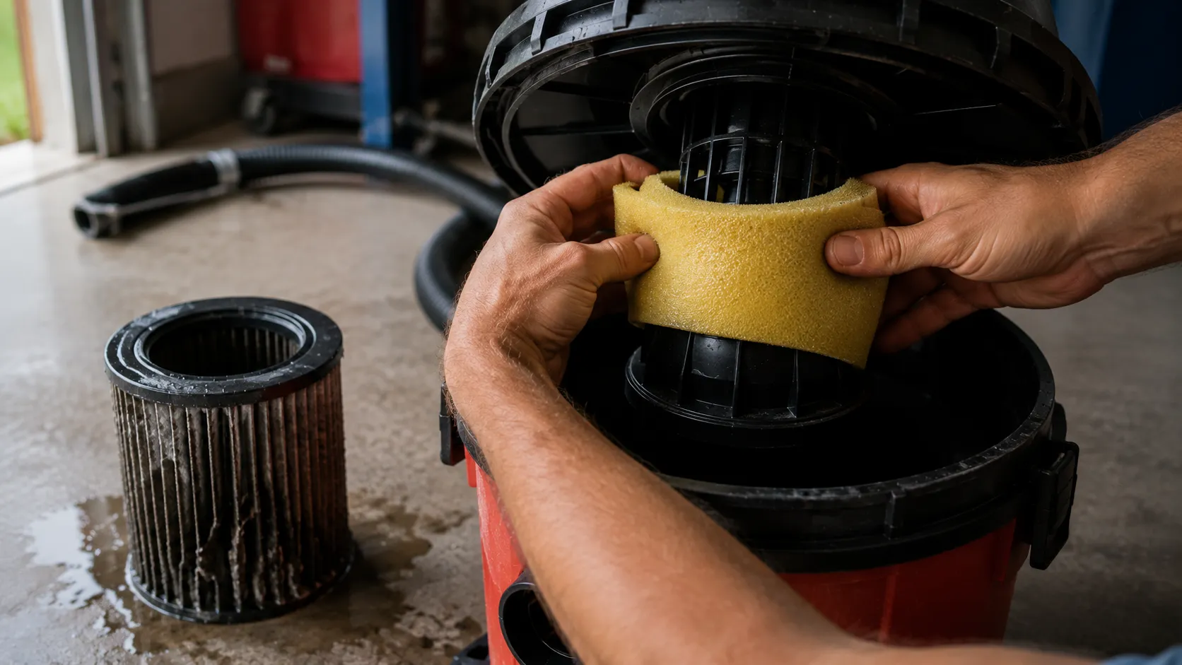 Hands fitting a foam wet filter to a shop vac while a soaked paper cartridge filter sits on the floor.
