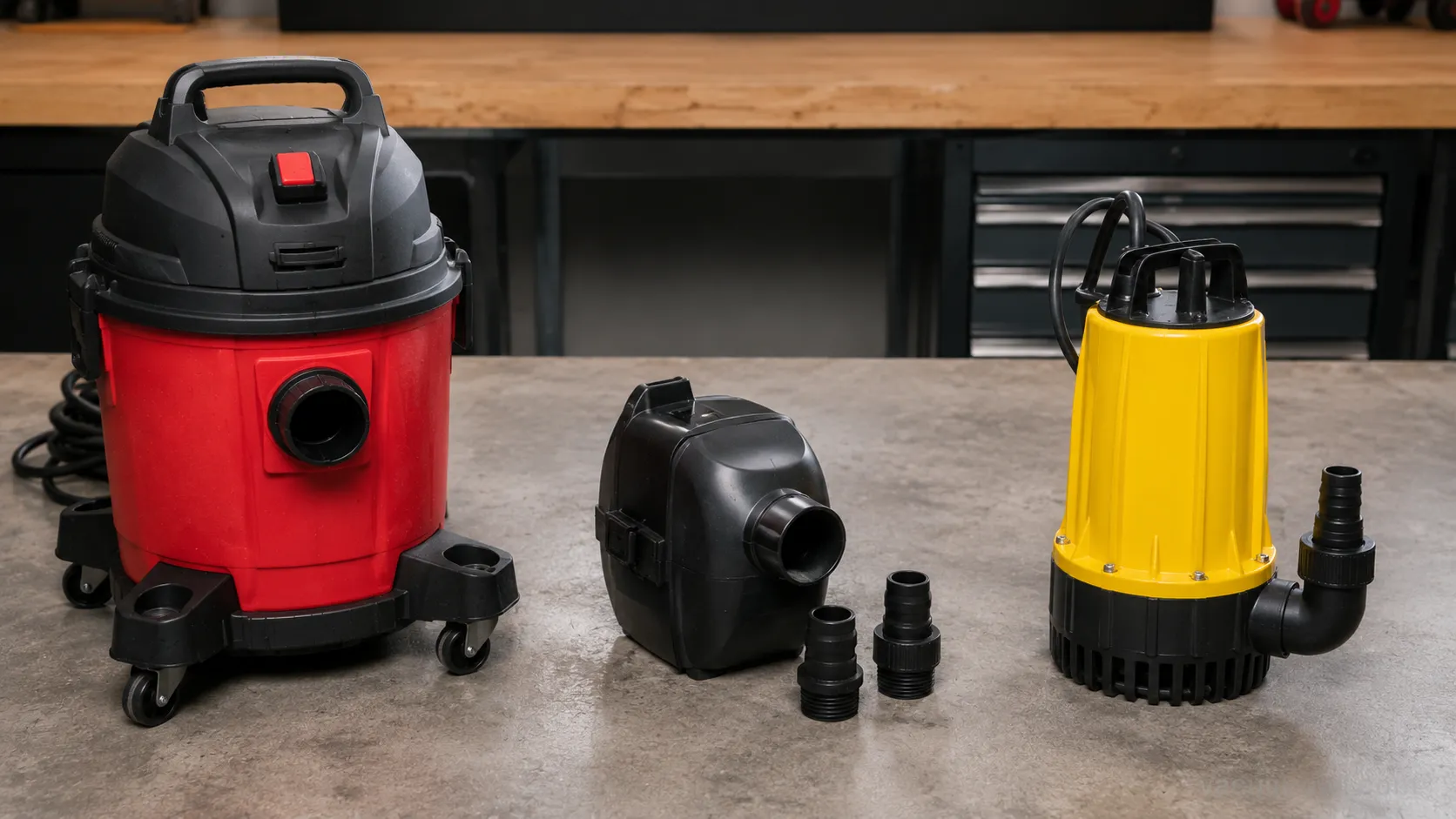 Built-in pump vac, clip-on pump accessory, and submersible pump lined up on a workshop bench.