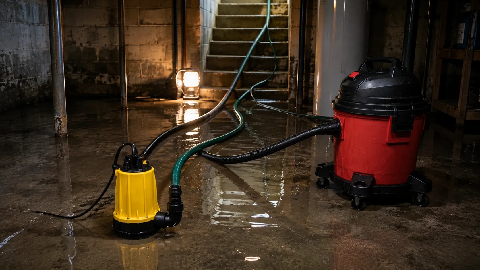Submersible pump and shop vacuum draining a partly flooded basement with hoses running to a stairwell.