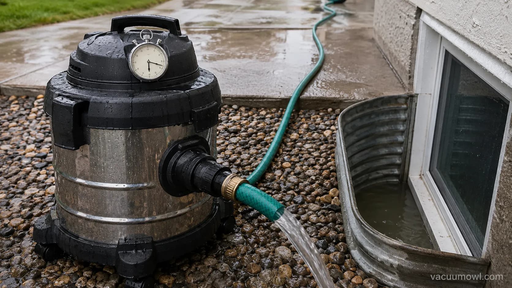 Shop vacuum draining a flooded window well through a garden hose with a stopwatch on the lid.