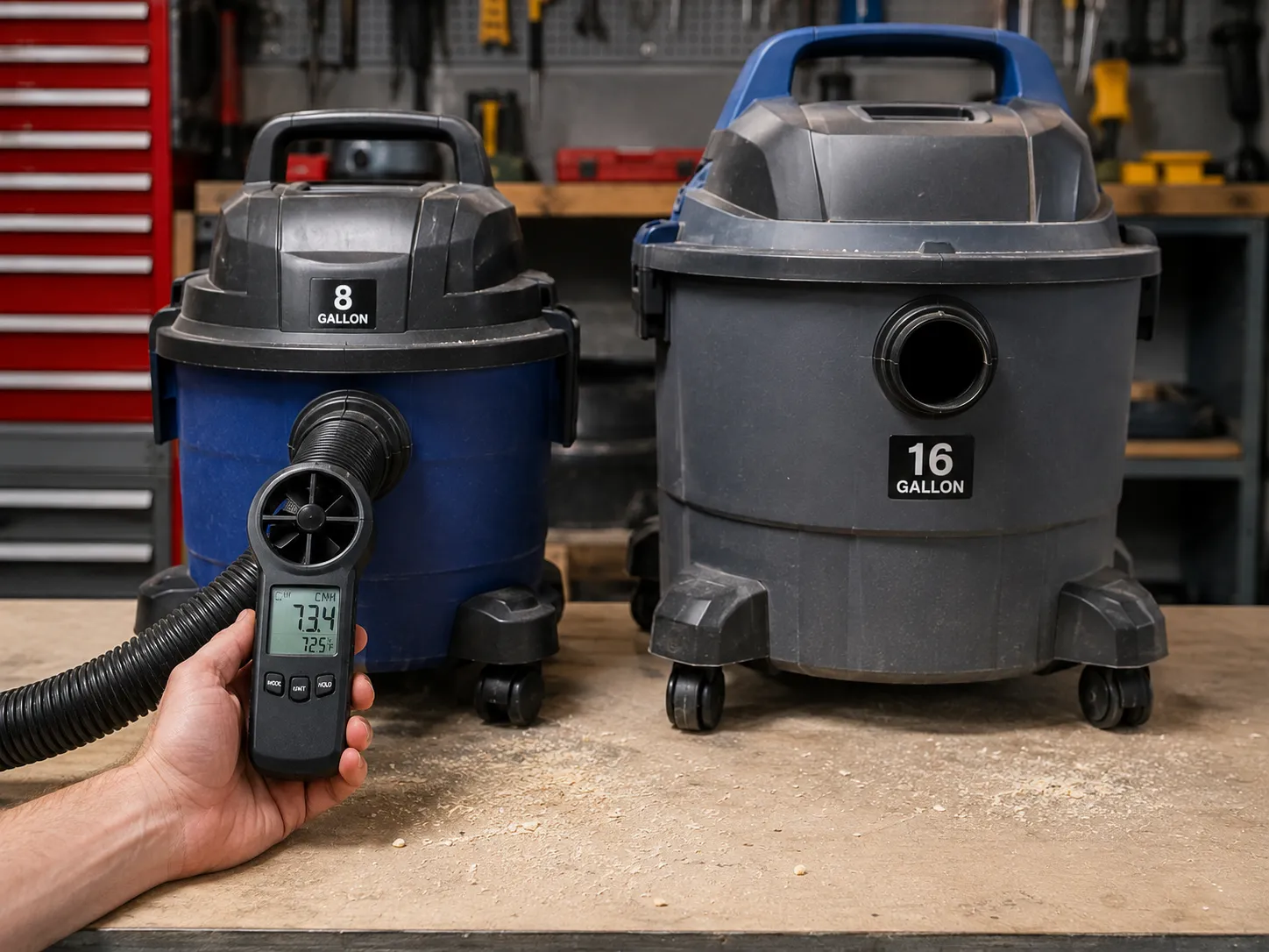 measuring airflow at the hose of an 8 gallon shop vac next to a 16 gallon unit