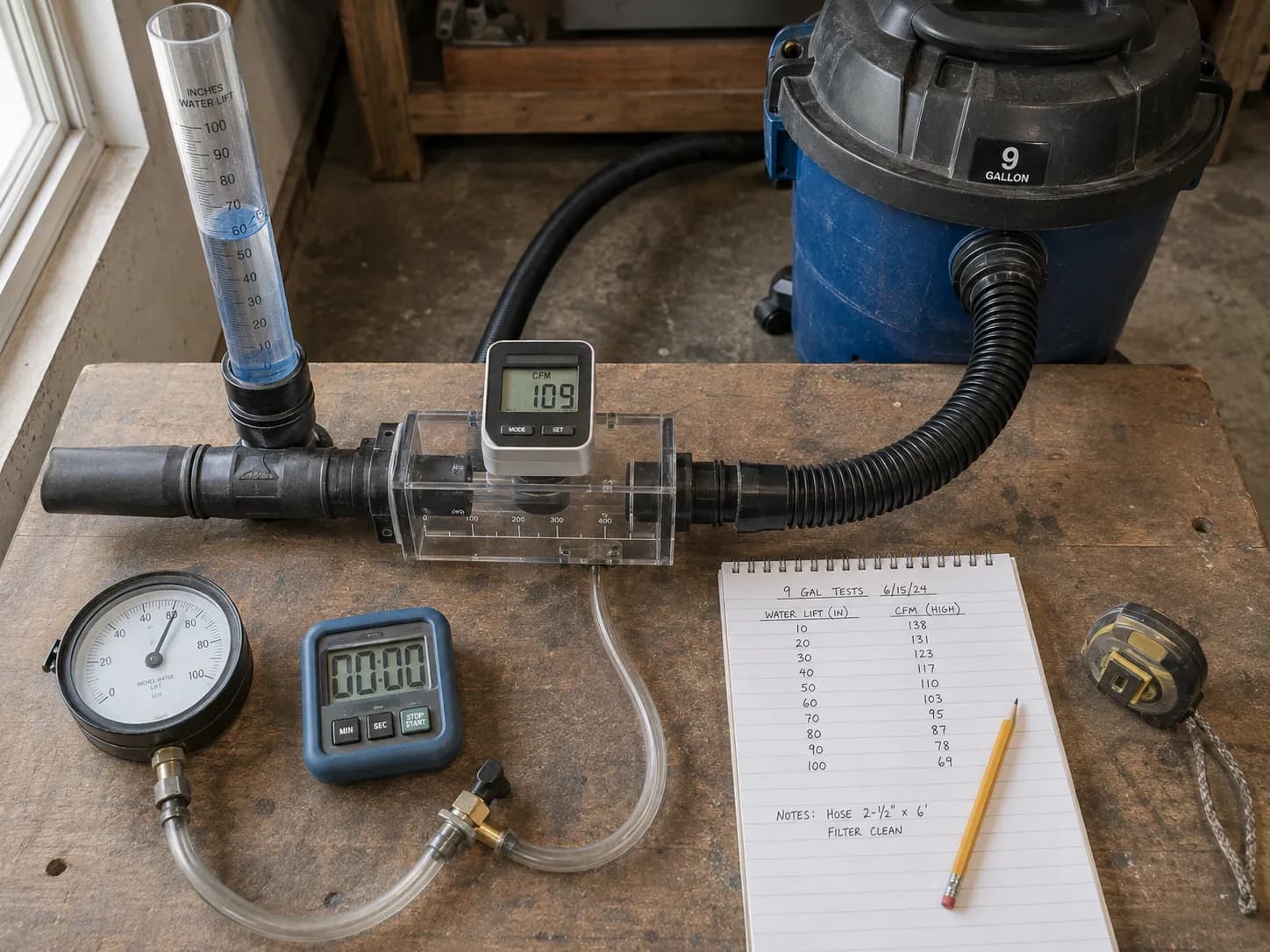 bench testing shop vac CFM and water lift with gauges and a notepad