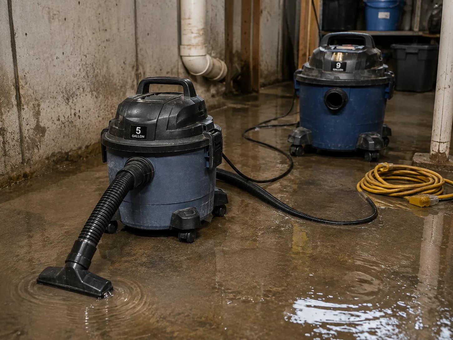 a 5 gallon shop vac drawing up standing water in a flooded basement