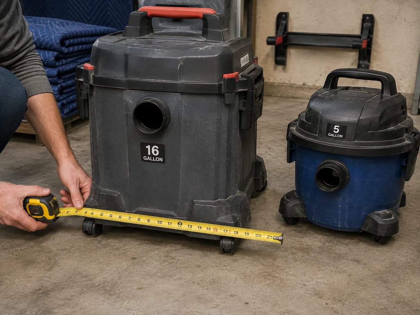 measuring the storage footprint of a 16 gallon square tank shop vac with a tape measure
