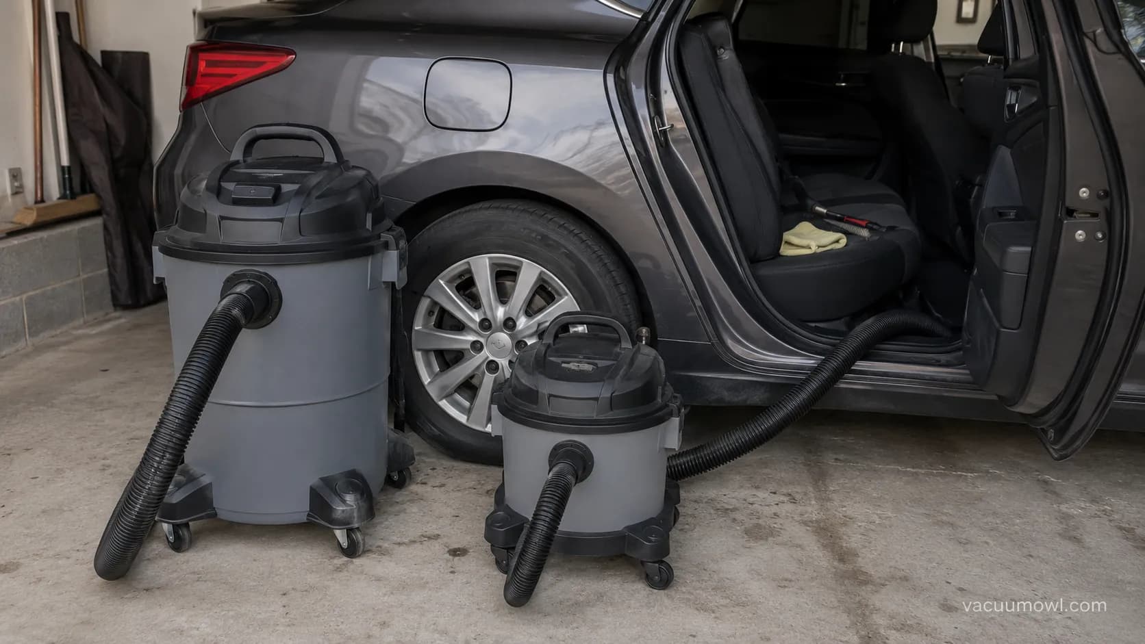 Large versus small shop vac size compared for reaching a car footwell