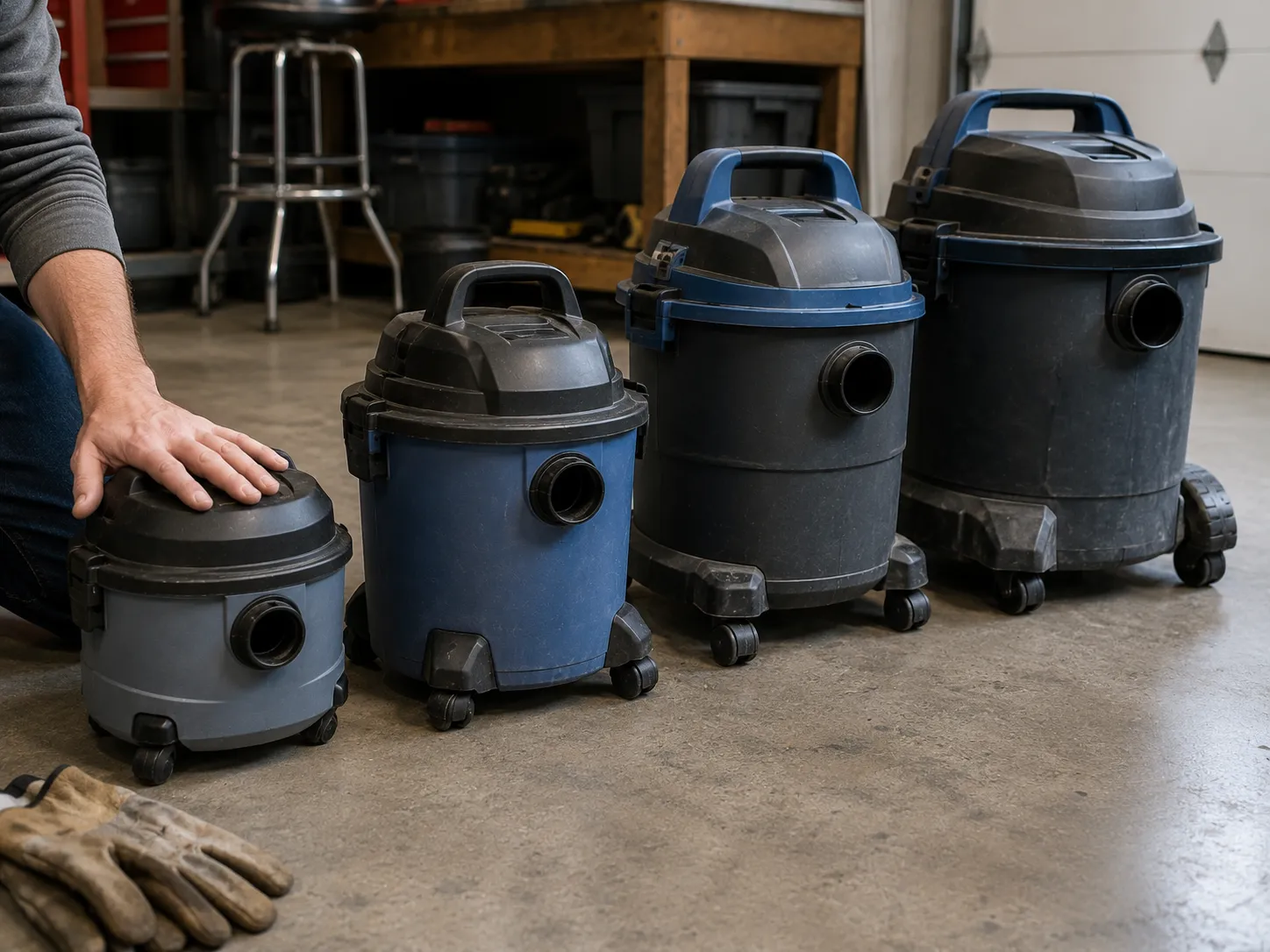 four shop vac sizes from 2.5 to 16 gallon side by side with a hand for scale