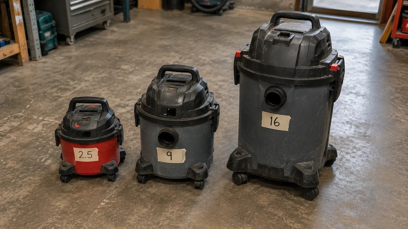 Three shop vac sizes labeled 2.5, 9 and 16 gallon lined up on a workshop floor