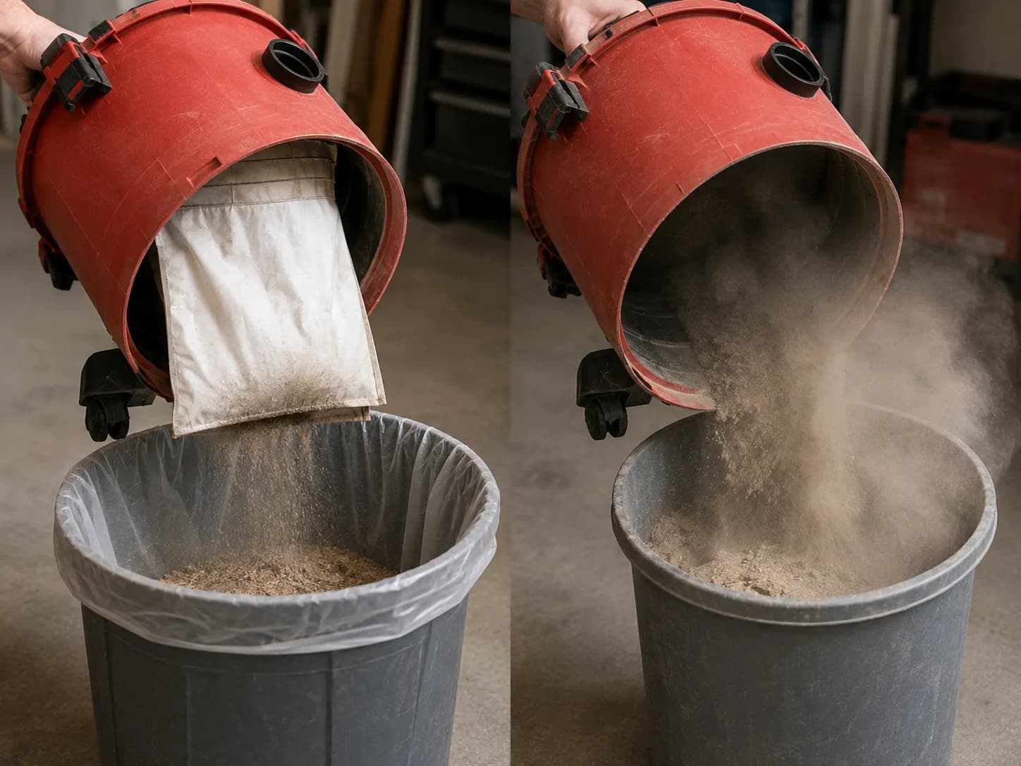 Emptying a shop vac tank with and without a bag showing the dust difference.