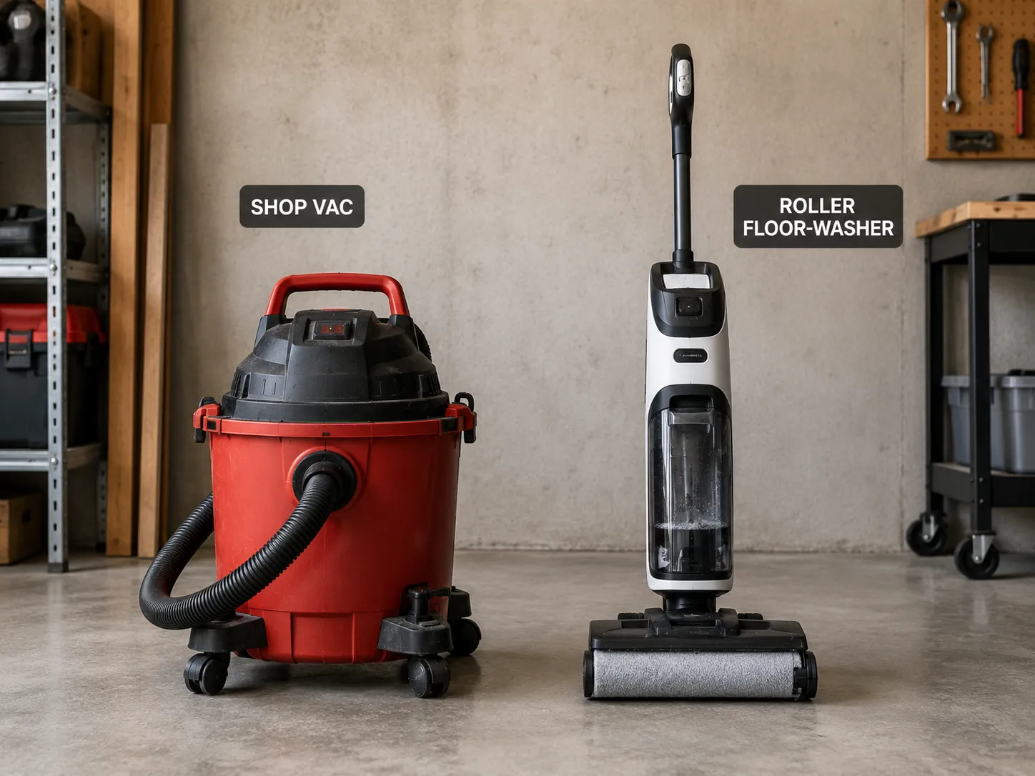 Canister shop vac beside a roller floor-washer wet dry vacuum for comparison.